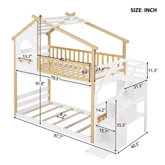 Lit superposé jumeau sur jumeau avec escalier, Cadre de lit superposé maison avec rangement et barrière de sécurité pour enfants filles garçons, Blanc