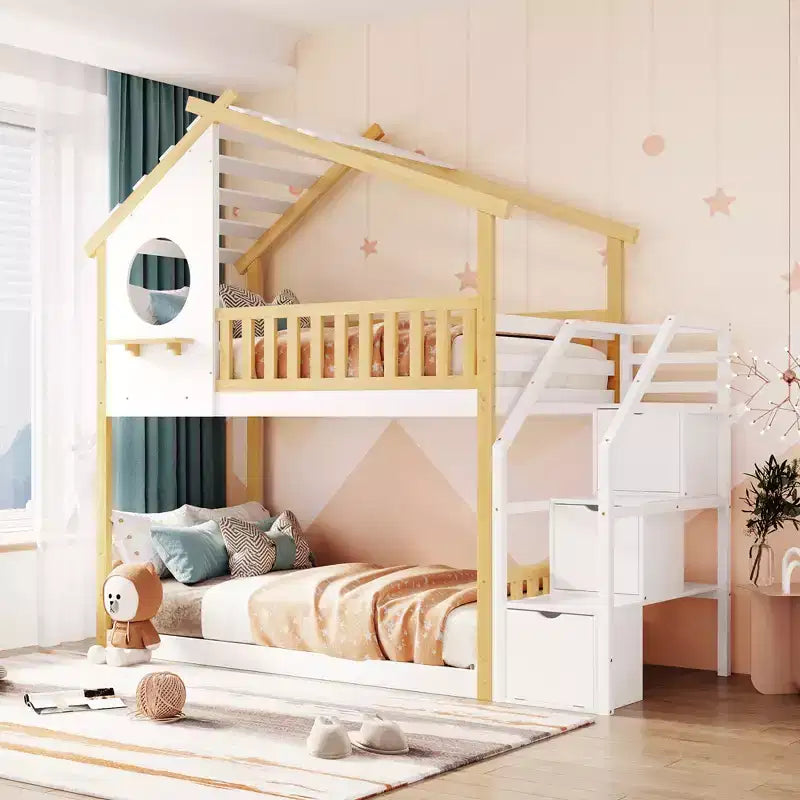 Lit superposé jumeau sur jumeau avec escalier, Cadre de lit superposé maison avec rangement et barrière de sécurité pour enfants filles garçons, Blanc