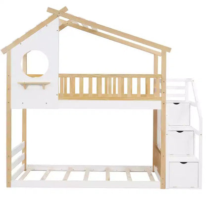 Lit superposé jumeau sur jumeau avec escalier, Cadre de lit superposé maison avec rangement et barrière de sécurité pour enfants filles garçons, Blanc