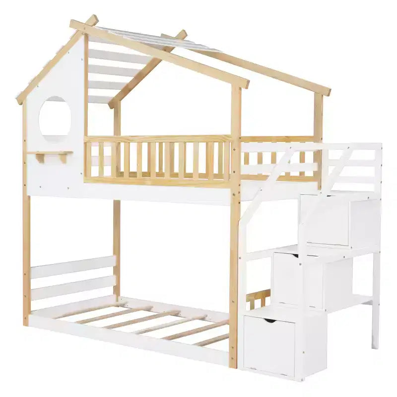 Lit superposé jumeau sur jumeau avec escalier, Cadre de lit superposé maison avec rangement et barrière de sécurité pour enfants filles garçons, Blanc