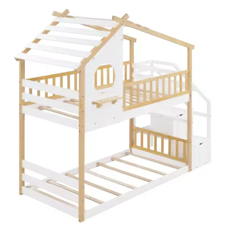 Lit superposé jumeau sur jumeau avec escalier, Cadre de lit superposé maison avec rangement et barrière de sécurité pour enfants filles garçons, Blanc