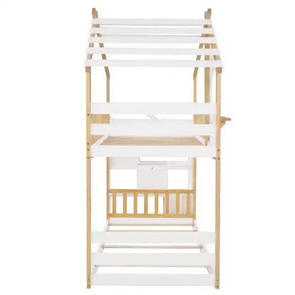 Lit superposé jumeau sur jumeau avec escalier, Cadre de lit superposé maison avec rangement et barrière de sécurité pour enfants filles garçons, Blanc