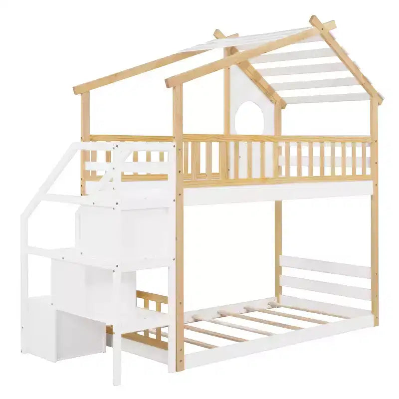Lit superposé jumeau sur jumeau avec escalier, Cadre de lit superposé maison avec rangement et barrière de sécurité pour enfants filles garçons, Blanc