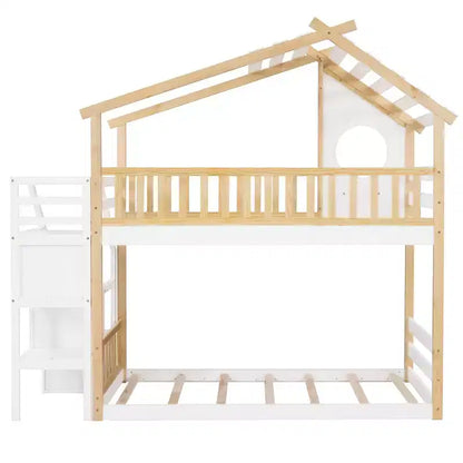 Lit superposé jumeau sur jumeau avec escalier, Cadre de lit superposé maison avec rangement et barrière de sécurité pour enfants filles garçons, Blanc