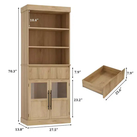 CuisinSmart Armoire de présentation de ferme avec porte vitrée et tiroir, Meuble de rangement de cuisine autoportant avec étagères ouvertes à 3 niveaux, Étagère à livres en bois