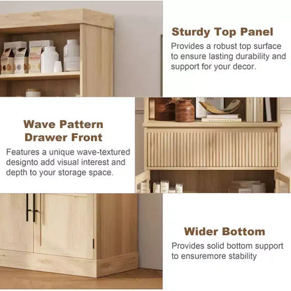 CuisinSmart Armoire de présentation de ferme avec porte vitrée et tiroir, Meuble de rangement de cuisine autoportant avec étagères ouvertes à 3 niveaux, Étagère à livres en bois