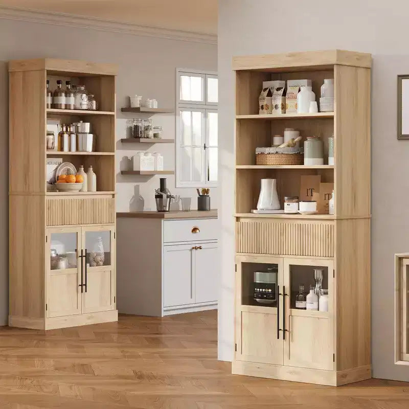 CuisinSmart Armoire de présentation de ferme avec porte vitrée et tiroir, Meuble de rangement de cuisine autoportant avec étagères ouvertes à 3 niveaux, Étagère à livres en bois