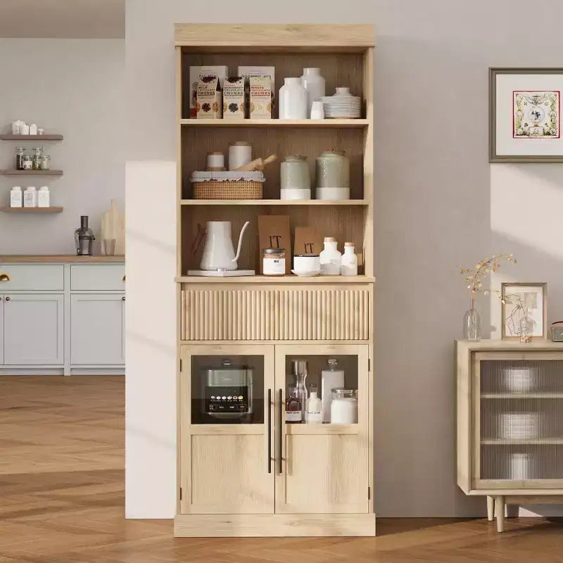 CuisinSmart Armoire de présentation de ferme avec porte vitrée et tiroir, Meuble de rangement de cuisine autoportant avec étagères ouvertes à 3 niveaux, Étagère à livres en bois