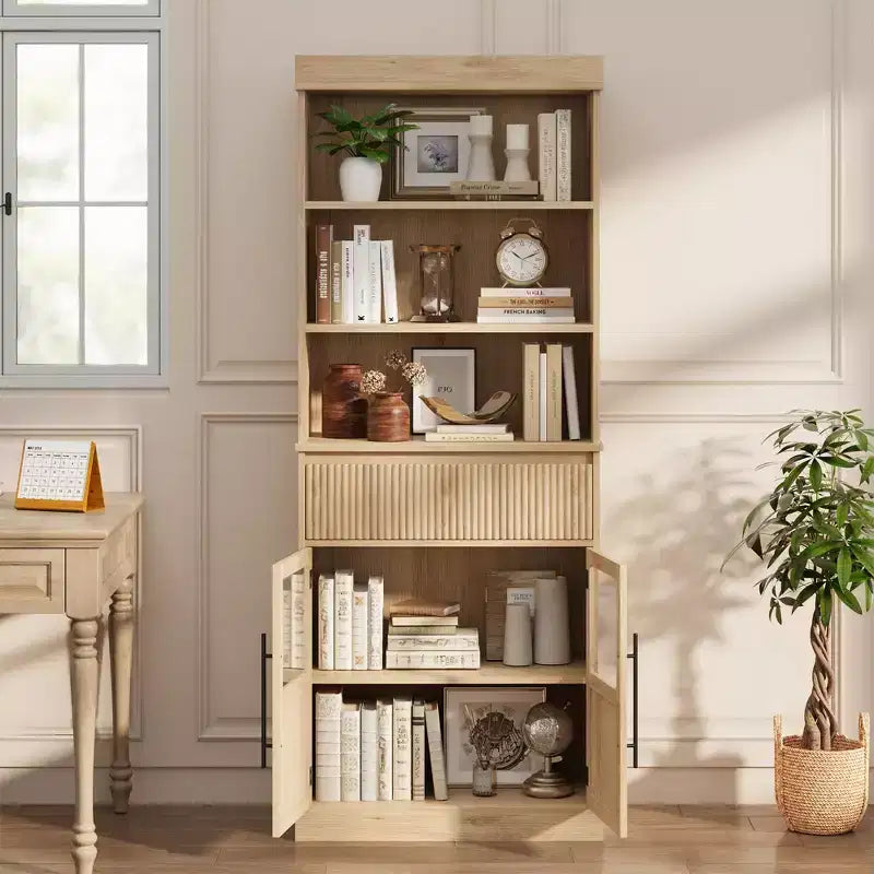 CuisinSmart Armoire de présentation de ferme avec porte vitrée et tiroir, Meuble de rangement de cuisine autoportant avec étagères ouvertes à 3 niveaux, Étagère à livres en bois