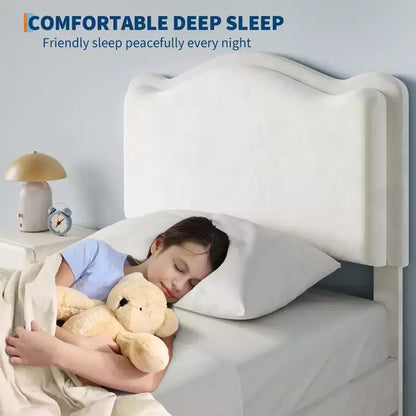 Lit pour enfant, lit plateforme jumeau rembourré, lit pour tout-petit avec tête de lit et tiroir de rangement, lit plateforme princesse