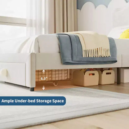 Lit pour enfant, lit plateforme jumeau rembourré, lit pour tout-petit avec tête de lit et tiroir de rangement, lit plateforme princesse