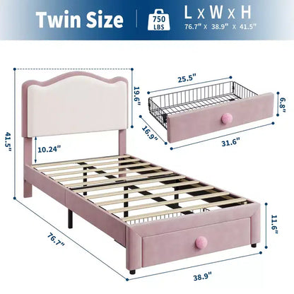 Lit pour enfant, lit plateforme jumeau rembourré, lit pour tout-petit avec tête de lit et tiroir de rangement, lit plateforme princesse
