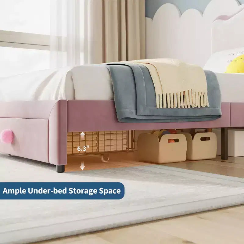 Lit pour enfant, lit plateforme jumeau rembourré, lit pour tout-petit avec tête de lit et tiroir de rangement, lit plateforme princesse