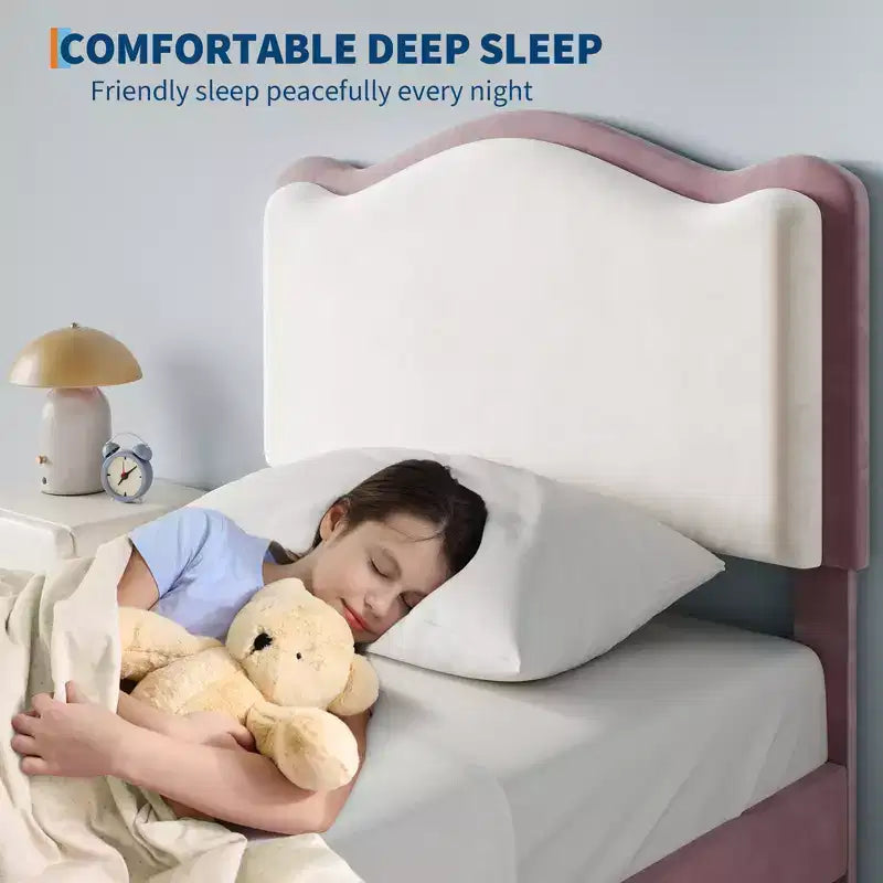 Lit pour enfant, lit plateforme jumeau rembourré, lit pour tout-petit avec tête de lit et tiroir de rangement, lit plateforme princesse