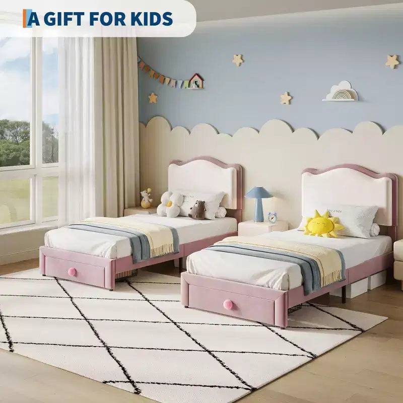 Lit pour enfant, lit plateforme jumeau rembourré, lit pour tout-petit avec tête de lit et tiroir de rangement, lit plateforme princesse