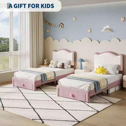 Lit pour enfant, lit plateforme jumeau rembourré, lit pour tout-petit avec tête de lit et tiroir de rangement, lit plateforme princesse