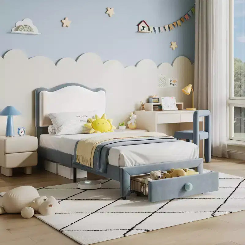 Bed Frame for Kids, Twin Upholstered Platform Bed Frame, Toddler Bed Frame with Headboard and Storage Drawer, Princess Platform Bed
