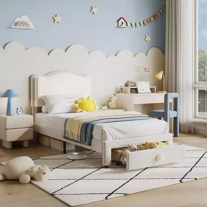 Lit pour enfant, lit plateforme jumeau rembourré, lit pour tout-petit avec tête de lit et tiroir de rangement, lit plateforme princesse