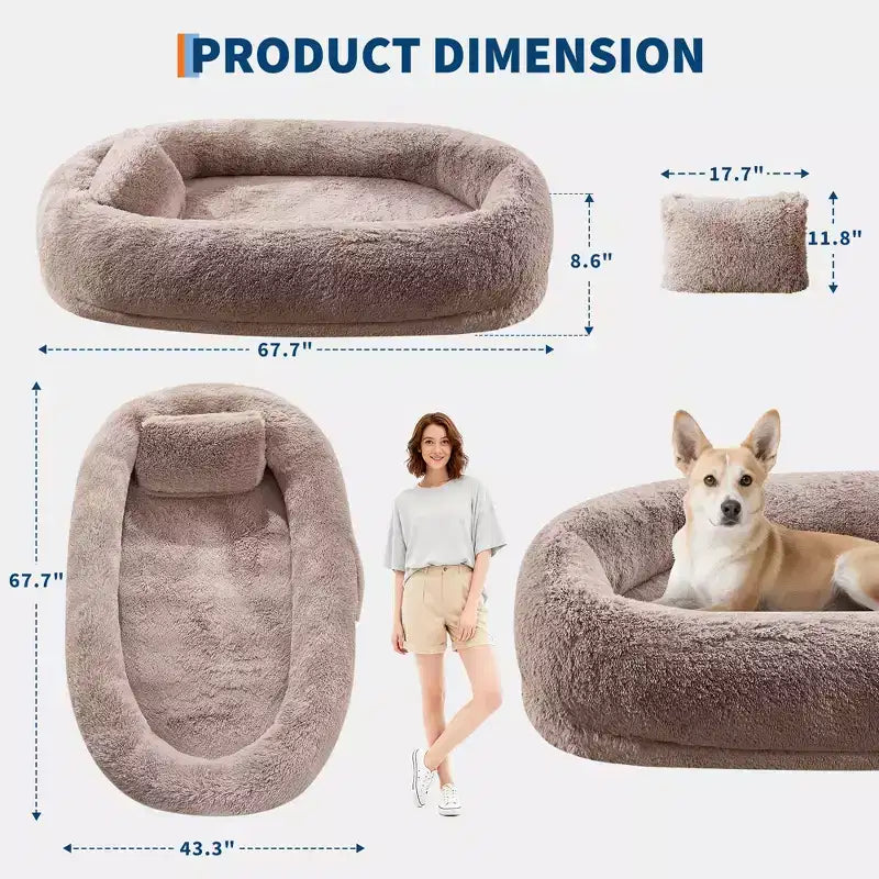 Lit pour chien humain adapté à vous et aux animaux de compagnie pour un petit somme, lit orthopédique lavable en fausse fourrure pour la sieste, 172 x 110 x 22 cm