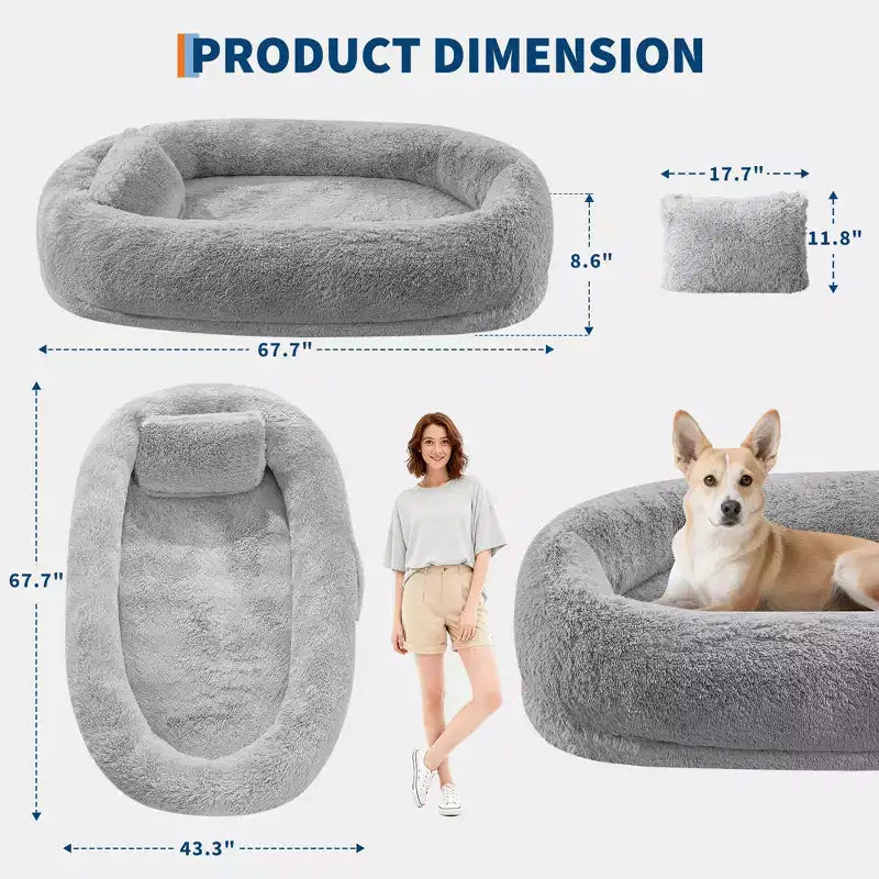 Lit pour chien humain adapté à vous et aux animaux de compagnie pour un petit somme, lit orthopédique lavable en fausse fourrure pour la sieste, 172 x 110 x 22 cm