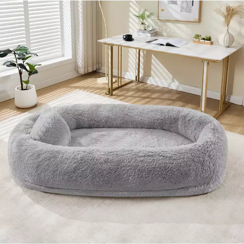 Lit pour chien humain adapté à vous et aux animaux de compagnie pour un petit somme, lit orthopédique lavable en fausse fourrure pour la sieste, 172 x 110 x 22 cm