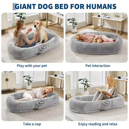 Lit pour chien humain adapté à vous et aux animaux de compagnie pour un petit somme, lit orthopédique lavable en fausse fourrure pour la sieste, 172 x 110 x 22 cm