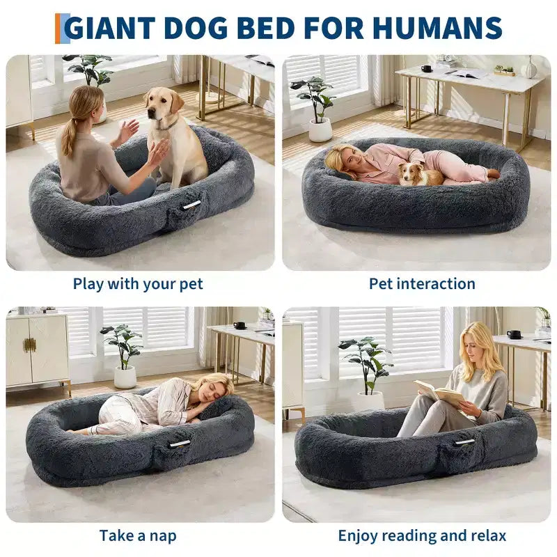 Lit pour chien humain adapté à vous et aux animaux de compagnie pour un petit somme, lit orthopédique lavable en fausse fourrure pour la sieste, 172 x 110 x 22 cm