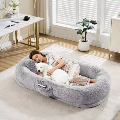 Lit pour chien humain adapté à vous et aux animaux de compagnie pour un petit somme, lit orthopédique lavable en fausse fourrure pour la sieste, 172 x 110 x 22 cm