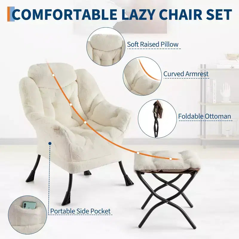 Fauteuil relax avec pouf, Chaises de lecture confortables avec repose-pieds pliable pour salon et chambre avec accoudoirs et une poche latérale