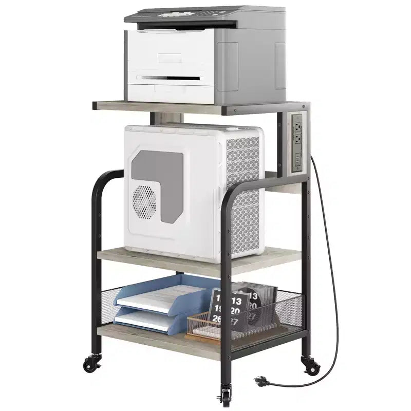 Meuble d'imprimante roulant COZONY à 3 niveaux avec prise de courant, étagère de rangement réglable et roulettes pour bureau à domicile, télécopieur, scanner