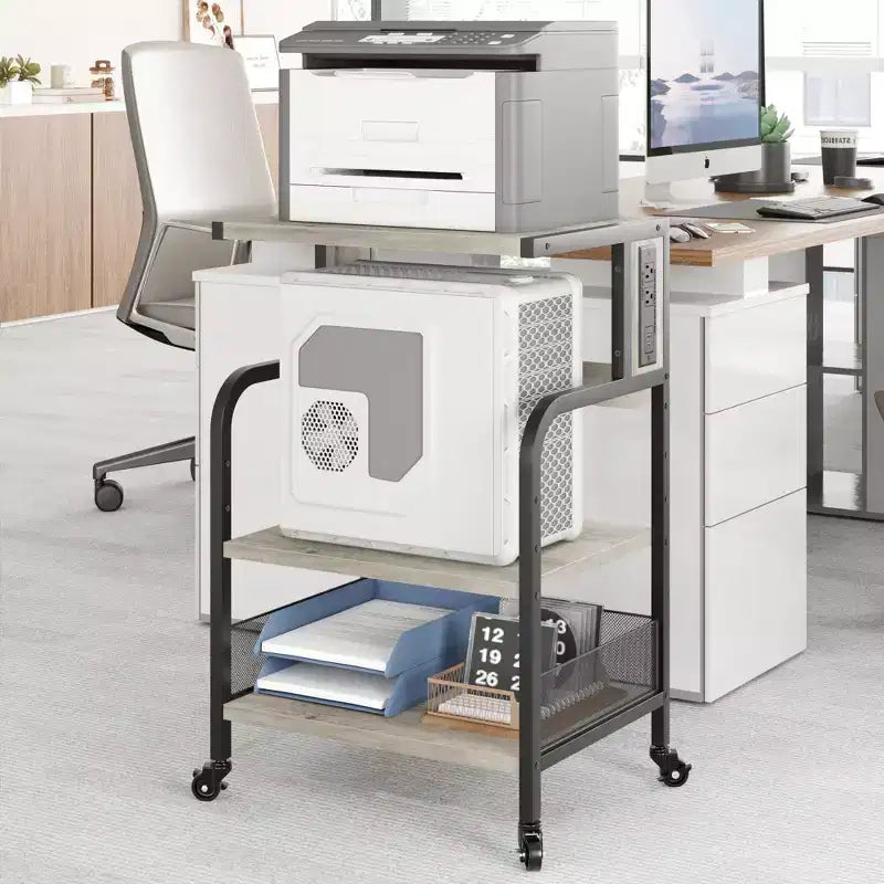 Meuble d'imprimante roulant COZONY à 3 niveaux avec prise de courant, étagère de rangement réglable et roulettes pour bureau à domicile, télécopieur, scanner