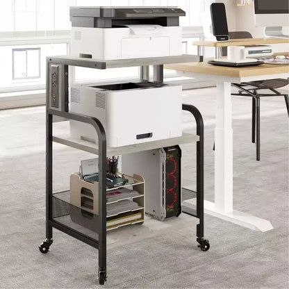 Meuble d'imprimante roulant COZONY à 3 niveaux avec prise de courant, étagère de rangement réglable et roulettes pour bureau à domicile, télécopieur, scanner