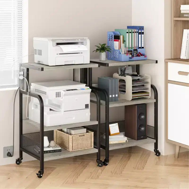 Meuble d'imprimante roulant COZONY à 3 niveaux avec prise de courant, étagère de rangement réglable et roulettes pour bureau à domicile, télécopieur, scanner