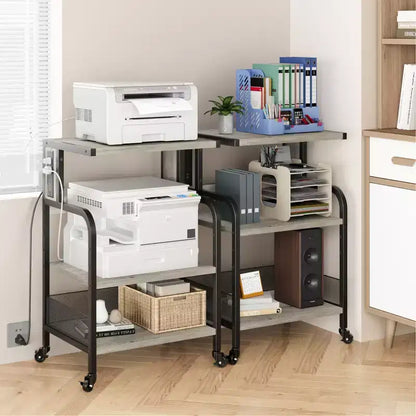 Meuble d'imprimante roulant COZONY à 3 niveaux avec prise de courant, étagère de rangement réglable et roulettes pour bureau à domicile, télécopieur, scanner