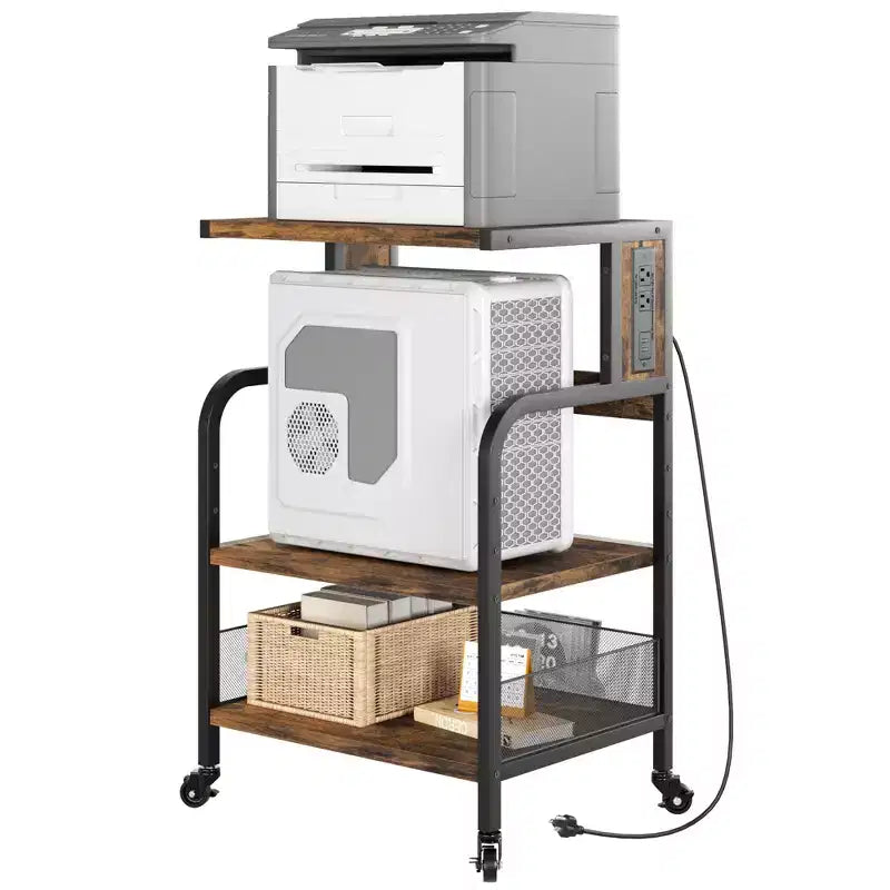 Meuble d'imprimante roulant COZONY à 3 niveaux avec prise de courant, étagère de rangement réglable et roulettes pour bureau à domicile, télécopieur, scanner
