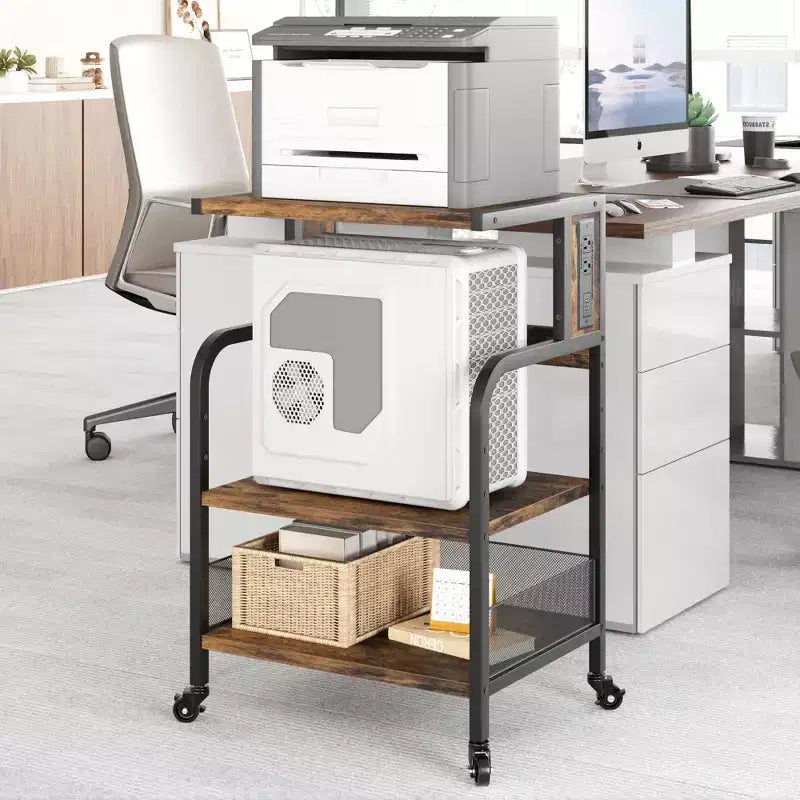 Meuble d'imprimante roulant COZONY à 3 niveaux avec prise de courant, étagère de rangement réglable et roulettes pour bureau à domicile, télécopieur, scanner