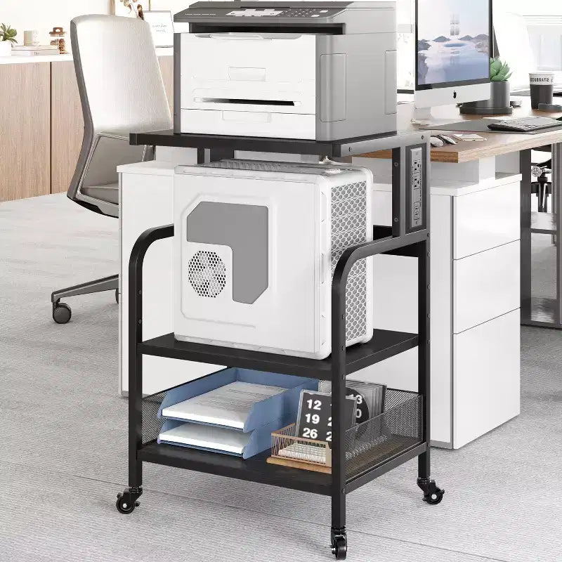 Meuble d'imprimante roulant COZONY à 3 niveaux avec prise de courant, étagère de rangement réglable et roulettes pour bureau à domicile, télécopieur, scanner