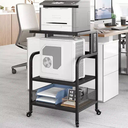 Meuble d'imprimante roulant COZONY à 3 niveaux avec prise de courant, étagère de rangement réglable et roulettes pour bureau à domicile, télécopieur, scanner
