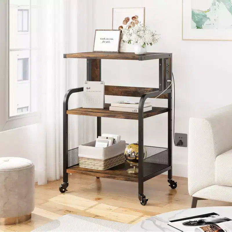 Meuble d'imprimante roulant COZONY à 3 niveaux avec prise de courant, étagère de rangement réglable et roulettes pour bureau à domicile, télécopieur, scanner