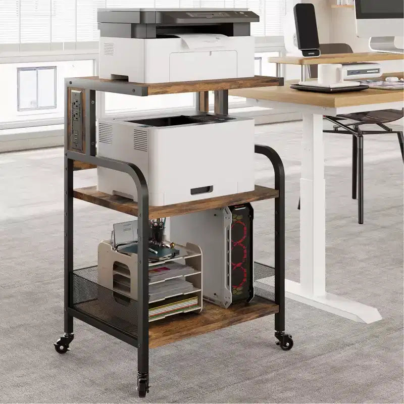 Meuble d'imprimante roulant COZONY à 3 niveaux avec prise de courant, étagère de rangement réglable et roulettes pour bureau à domicile, télécopieur, scanner