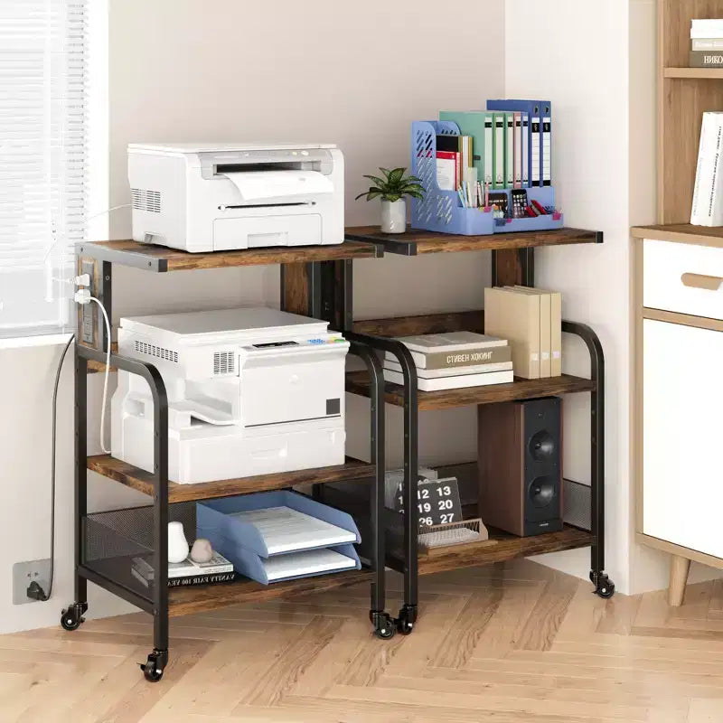 Meuble d'imprimante roulant COZONY à 3 niveaux avec prise de courant, étagère de rangement réglable et roulettes pour bureau à domicile, télécopieur, scanner