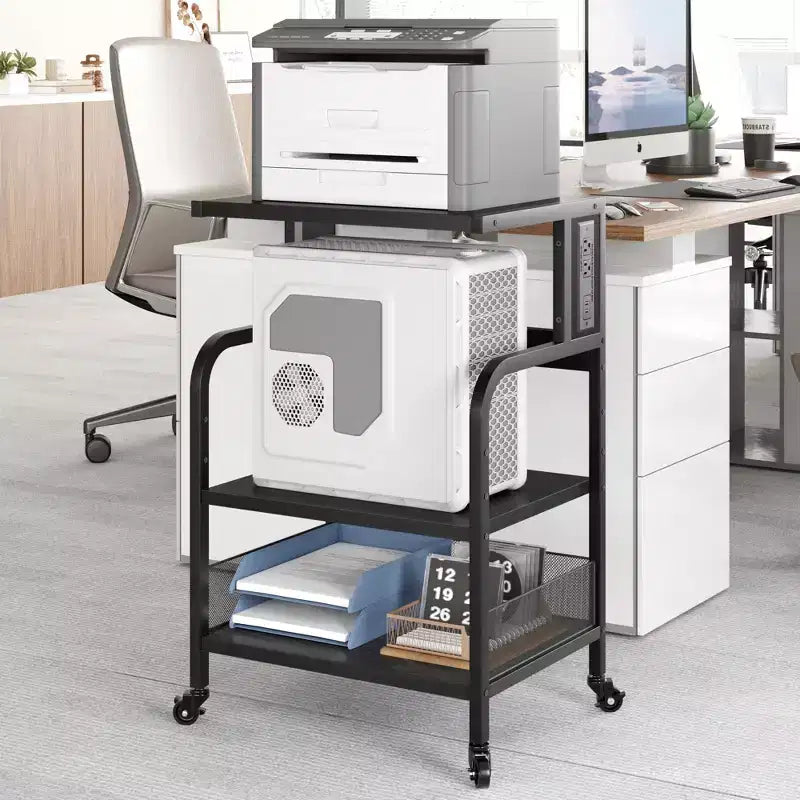 Meuble d'imprimante roulant COZONY à 3 niveaux avec prise de courant, étagère de rangement réglable et roulettes pour bureau à domicile, télécopieur, scanner