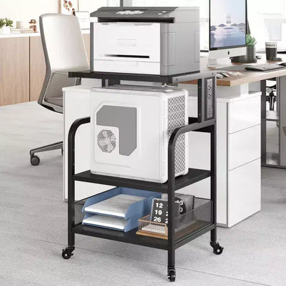 Meuble d'imprimante roulant COZONY à 3 niveaux avec prise de courant, étagère de rangement réglable et roulettes pour bureau à domicile, télécopieur, scanner