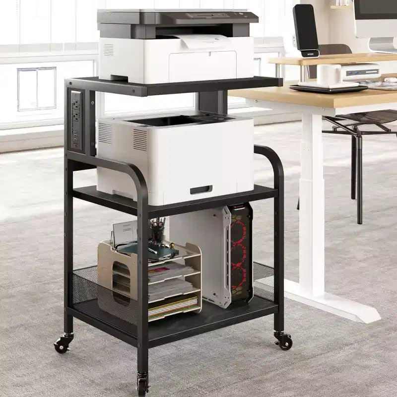 Meuble d'imprimante roulant COZONY à 3 niveaux avec prise de courant, étagère de rangement réglable et roulettes pour bureau à domicile, télécopieur, scanner