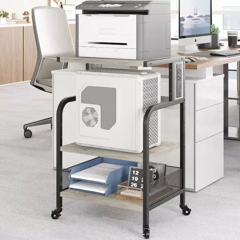 Meuble d'imprimante roulant COZONY à 3 niveaux avec prise de courant, étagère de rangement réglable et roulettes pour bureau à domicile, télécopieur, scanner
