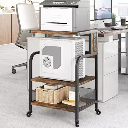 Meuble d'imprimante roulant COZONY à 3 niveaux avec prise de courant, étagère de rangement réglable et roulettes pour bureau à domicile, télécopieur, scanner