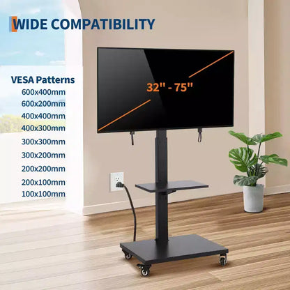 Meuble TV roulant avec prise de courant, chariot TV mobile inclinable et pivotant sur roulettes pour téléviseurs de 32 à 75 pouces jusqu'à 54 kg, réglable en hauteur