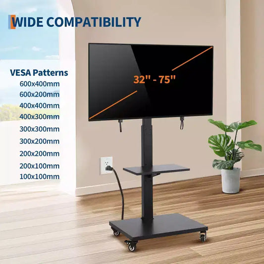 Meuble TV roulant avec prise de courant, chariot TV mobile inclinable et pivotant sur roulettes pour téléviseurs de 32 à 75 pouces jusqu'à 54 kg, réglable en hauteur