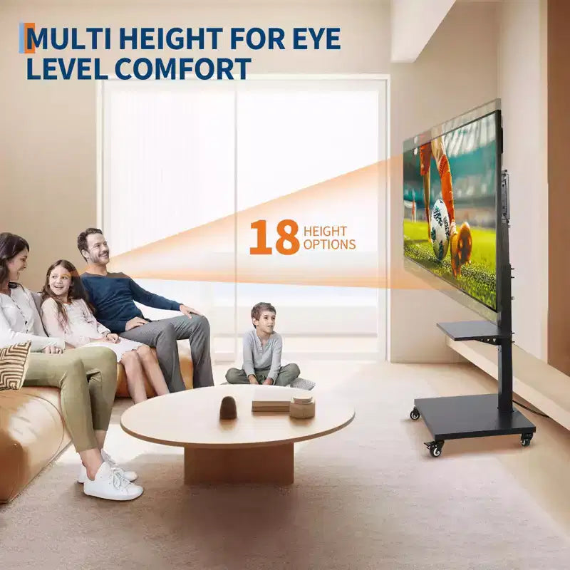 Meuble TV roulant avec prise de courant, chariot TV mobile inclinable et pivotant sur roulettes pour téléviseurs de 32 à 75 pouces jusqu'à 54 kg, réglable en hauteur