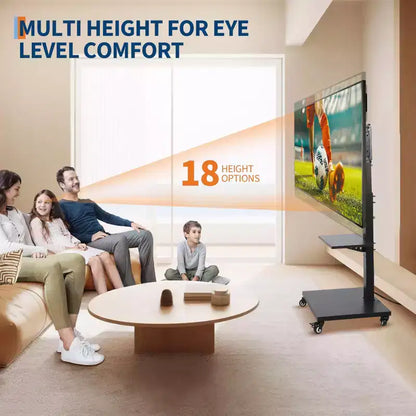Meuble TV roulant avec prise de courant, chariot TV mobile inclinable et pivotant sur roulettes pour téléviseurs de 32 à 75 pouces jusqu'à 54 kg, réglable en hauteur